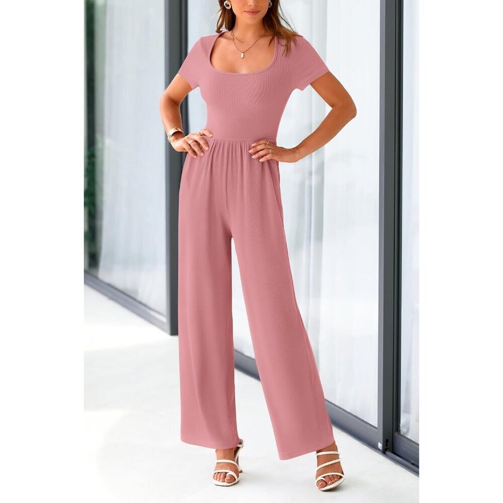Women's Dusty Pink Summer Short Sleeve Square Neck Wide Leg Rompers Jumpsuits - Picture 8 of 8